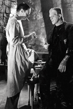 vintagegal:  Colin Clive and Boris Karloff on the set of Bride