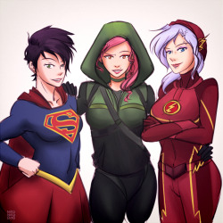 nikoniko808:dani, nadia, and howler as supergirl, green arrow,