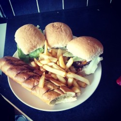 scienceofstrong:  Burger, burger, burger, chips and garlic bread.