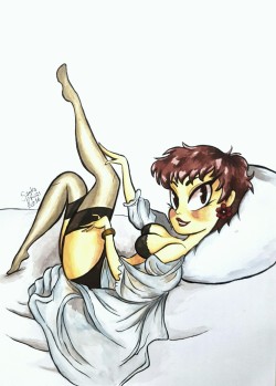 sandrarivasart:  Girl on Bed pinup, painted w gouache and ink
