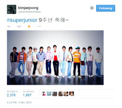 Jaejoong wishes Super Junior a happy 9th anniversary on Twitter!