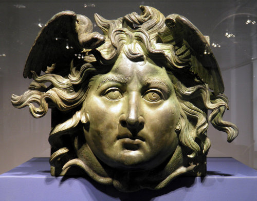 blondebrainpower:The bronze head of Medusa is a decorative element