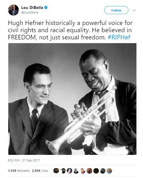 ay-its-d: the-real-eye-to-see:    Hugh Hefner was a giant in publishing, journalism, free speech and civil rights. He was a true original and very progressive, and decades ahead of the rest of the U.S.    He always hired African Americans at a competitive