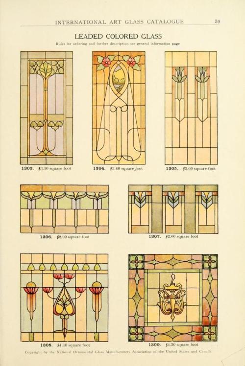 heaveninawildflower:  Designs taken from ‘International Art Glass Catalogue’ by National Ornamental Glass Manufacturers Association of the United States and Canada.Published 1914 by Shattock & McKay Co. Winterthur Museum Library.archive.org  Wow.