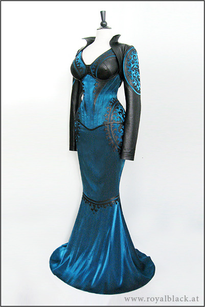 opulentdesigns:  Ensemble “Blue Blood” Historically inspired couture ensemble, made from soft black leather and intense blue lamé.This outfit consists of an S curve underbust corset, matching bra, a fishtail skirt and leather bolero jacket.All items