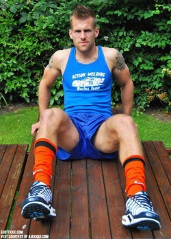 shortsandunderwear:  Orange socks and blue adidas shortsÂ :