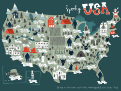 annepasschier:  This weekend I combined my love for drawing maps with my love for creepy stuff. Here is the result, a map of America’s cryptozoology, urban legends, hauntings and other creepy stuff. (Sidenote: almost all states have bigfoot.)