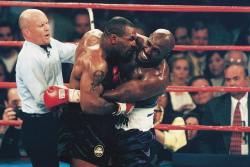 siphotos:  Mike Tyson bites the ear of Evander Holyfield as referee