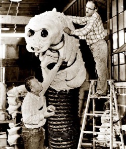 Augie Lohman (L) and Bob Bonning ® work on The Monster That