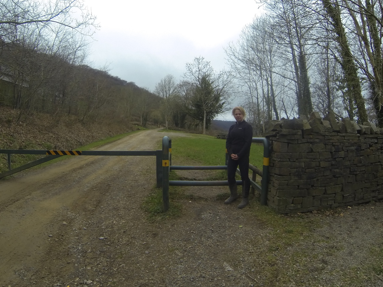 <p>Jean modelling one of the horse walk overs at Mynydd Machen.</p>