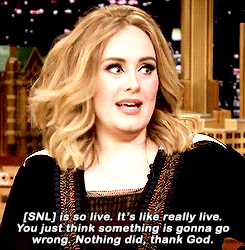 stana-katic:  Adele didn’t realize just how live SNL is. 