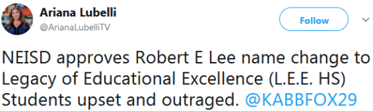 17mul: mister-abstract:   bopulence:  swagintherain:   Imagine being 16 and crying bc your school isn’t named after a confederate general anymore..     @lmsig  