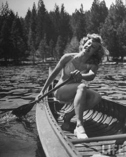 memories65:  Actress Vera Ellen paddling a boat at Lake Arrowhead,