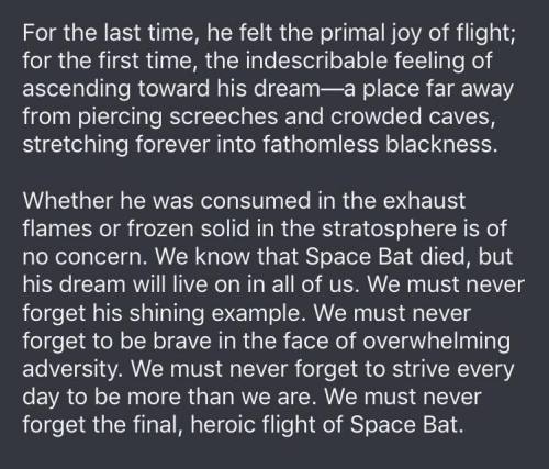 goonactual:  ilovecats4ever:  mikeneedsadrink:  polyxxena:  marschattpanosh: @cincobrand why did this make me feel emotional?  fly free lil space bat  Wing broken, a slow painful fate awaits… One chance to fly again, just gotta hold on… Drifting