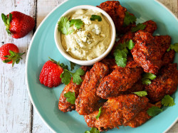 foodffs:  Oven-Baked Strawberry-Chipotle Wings With Avocado-Blue
