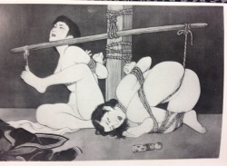 higyaku-no-miki:  棒のテコで、足指がさがると、右の女性に股縄が食い込む仕掛けね肉体的には右の女性がつらいけど、相手をおもいやる左の女性は気持ち的にとてもつらいわね