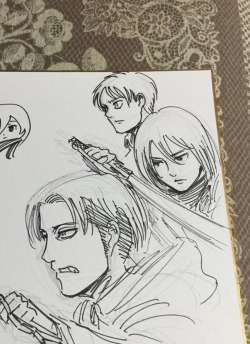 Sketch of Levi, Mikasa, and Eren by Isayama Hajime!Plus chibi