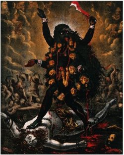 blackpaint20:  Kali standing triumphantly over Shiva’s corpse. Chromolithograph.