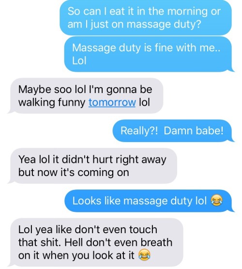 atxcouple421:  Our texts from after her company left!!  So hot hearing about her experiences!! Itâ€™ll be even hotter when I get home from work in the morning and hear about it while I rub her down!! 