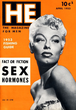 Lili St. Cyr is featured on the April ‘53 cover of ‘HE’;