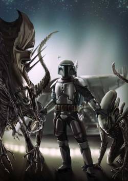 aliensandpredators:  Jango Fett and his Alien Pets by Robert-Shane