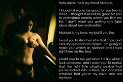 clickthelock:  Hello slave, this is my friend Michael.I thought it would be good for you two to meet.  I thought it would be good for you to understand exactly where you fit in my life. I don’t want you getting any false ideas about our relationship.capti