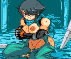 Busty oppai female fighter ready for a fight in a dungeon, big