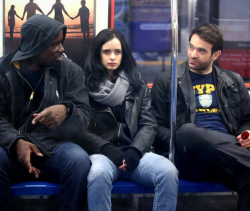 chraliecox:Mike Colter, Krysten Ritter and Charlie Cox on set