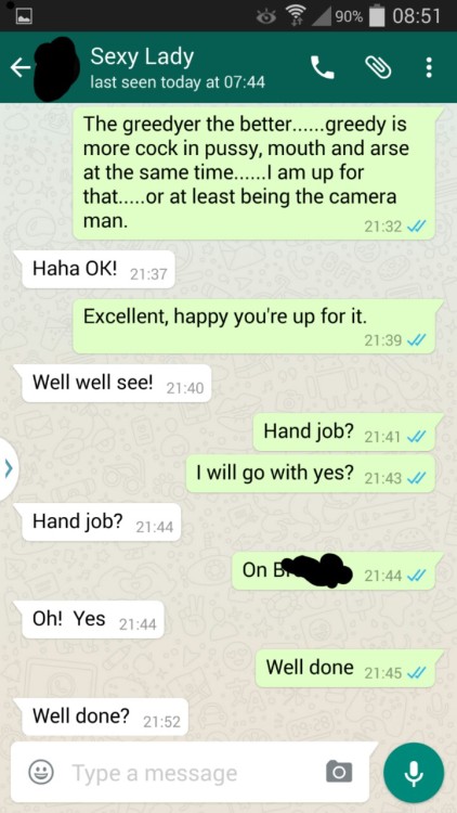 hotwifesextext:  2 of 4  This is a WhatsApp conversation between my woman, who has a regular fuck buddy, and myself.   We gave a game we play, where she gets a points target and challenges, to do by the end of the year. Various points are given for differ