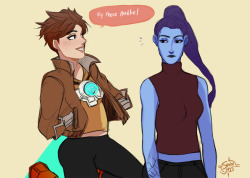 sunnjays:  tracer sucks at flirting and widowmaker can read her