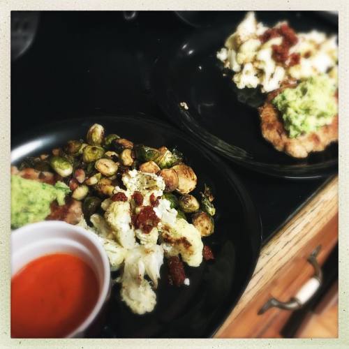 <p>Here was last night’s (day 12) #whole30 dinner. Turkey burgers with guacamole on top (yes, in case you’re wondering, turkey burgers ARE better with guacamole on top), leftover Brussels sprouts, and roasted cauliflower with some diced sun dried tomatoes on top. And of course, the roasted red pepper sauce (that Adam now refers to as Magic Sauce) on the side. Moods are high around here. Whole 30 is making us much happier than not Whole 30. #almosthalfwaythere #feelingit  (at Fiddlestar)</p>