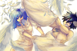 jiyu-koya:  Gruvia Pillow Fight! - fanart. I was inspired by