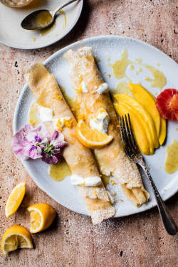 foodfuck:  meyer lemon chamomile suzette crepes with greek yogurt