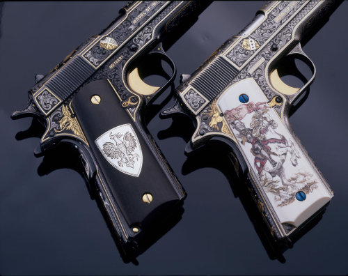 ewok-gia:  “The White & Black Knights” 1911 A1 .45 Autos  By Mike Dubber Engraving Studio 