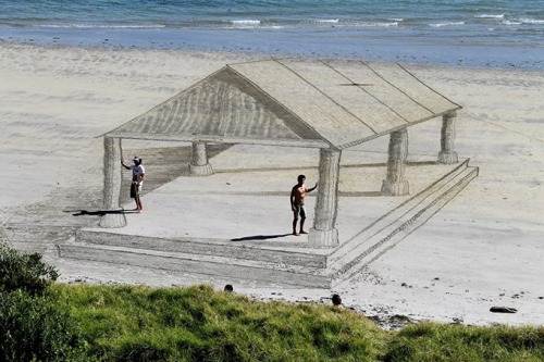 dorciafridays:  Harkins is a fantastic artist who transforms a beach into alternate realities by creating 3D sand art. Harkins told The Herald: We’ve seen other people doing stuff on beaches, but it’s always been geometric, flat shapes, like a pattern,