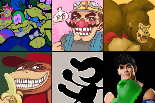 stindaan:  My friends and I drew the Smash 4 Roster for a gallery show at school. This was all so fun! The mii fighters in the final pic is of us, the artists. :) (Belen, S, Cris, Yotty, Julia, in that order) Credits: Cristian Bernal - Peach, Donkey Kong,