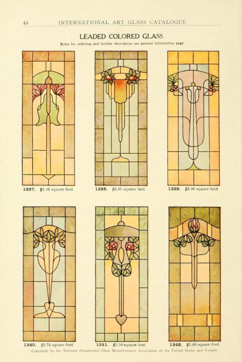 heaveninawildflower:  Designs taken from ‘International Art Glass Catalogue’ by National Ornamental Glass Manufacturers Association of the United States and Canada.Published 1914 by Shattock & McKay Co. Winterthur Museum Library.archive.org  Wow.