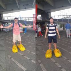 Take a humorous photo of yourself wearing oversized Clogs ✅#netherlands