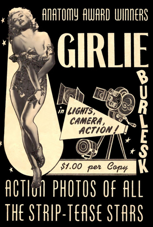 ANATOMY AWARD WINNERSDixie Evans adorns the cover of: “GIRLIE BURLESK”.. Published in 1954, this small Digest featured promotional photos of  popular Burlesque dancers, of the 50′s-era.. It’s an item that would’ve likely been sold by candy butchers