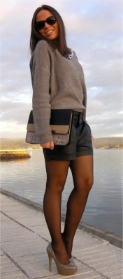 fashion-tights:  Sweater and leather shorts with pantyhose and