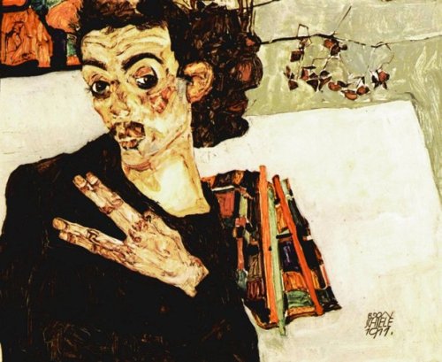 artist-schiele: Self-Portrait with Black Vase and Spread Fingers,