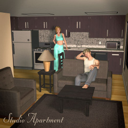 Get cozy with this new one by Richarbi! A  25-piece prop set replicating a completely furnished small studio  apartment setting with bathroom fixtures, kitchen appliances and basic  room furnishings. Works with Poser 5 and up! Check it out today! Studio