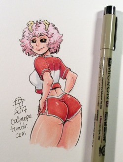 callmepo:  Tiny doodle of Mina Ashido (aka Pinky) from My Hero Academia.   (I think it is Mineta who are getting some of these candids of his classmates… just a hunch…)