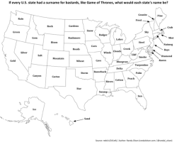mapsontheweb:  If every U.S. state had a surname for bastards,