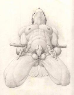 malesubmissionart:  A naked man on his knees is tied with his