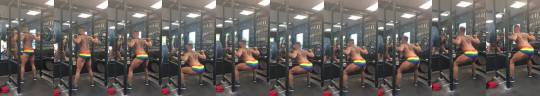 phillinupmpls:  Squatting in my rainbow speedo. #gayfitness #squats 