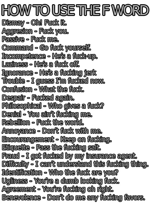 quizzical-frisson:  xo-lou:  lirazfilanx|igniteinflames|vanessasix|commanderspock|werewolves|dosenjp|The Tumblin’ Noodle       Aggression: Fuck you. Passive: Fuck me.  I bet you I’ve used all of these forms in one day a few times.