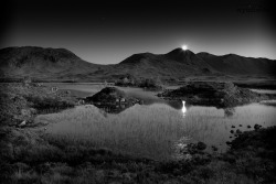 black-and-white:  rannoch moor moonset at mid summer (by Wytchwood)