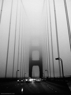 black-and-white:  Golden Gate Bridge in fog. 8.26.10. (by Rob