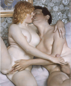 nudeartbuzz:Deauville ~ by John Currin John Currin (born 1962) is an American painter.  He is best known for satirical figurative paintings which deal with  provocative sexual and social themes in a technically skillful manner. His work shows a wide range